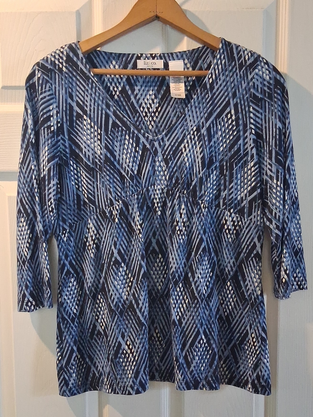 liz & co. Blue Geometric V-Neck Women's Top